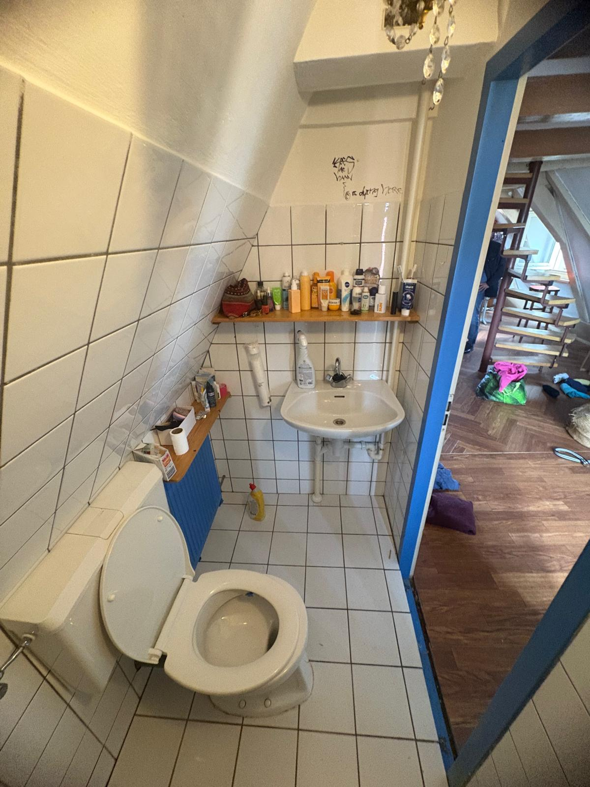 Compact bathroom with white tiles, pedestal sink, and sloped ceiling
