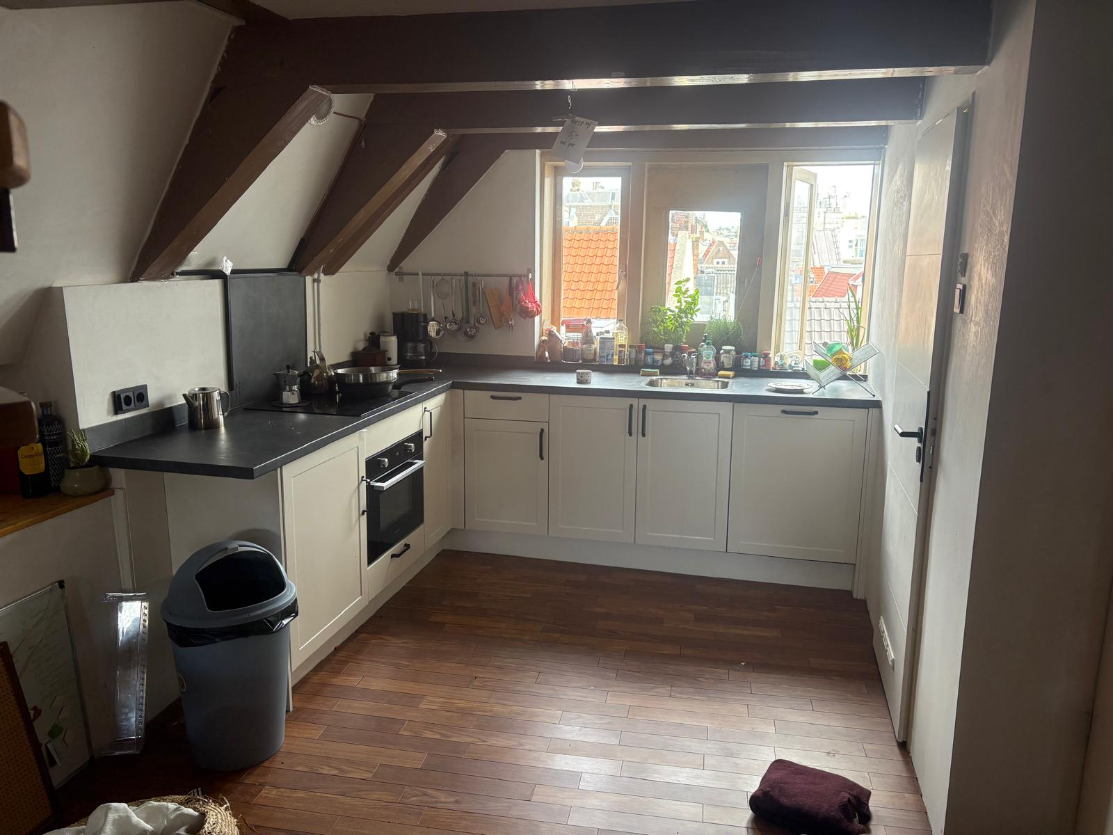 Modern kitchen with white cabinets, dark countertops, and windows overlooking Amsterdam rooftops